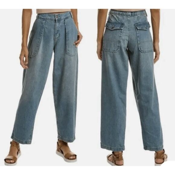Free People Denim - We The Free People Pull On Low Sling Oversized Blue Jeans Large Wide Leg Maeve